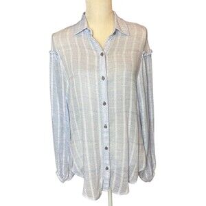 Free People Button Down Top Women's Small Light Blue Frayed Shoulder Hem Flowy